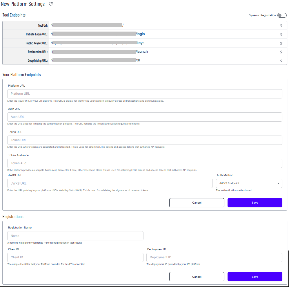 Screenshot of Platform manual configuration fields and registries.